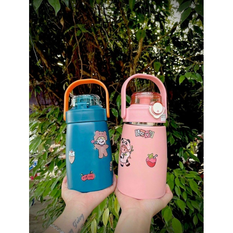 Bình nước giữ nhiệt 800ml cute kèm ống hút + ticker