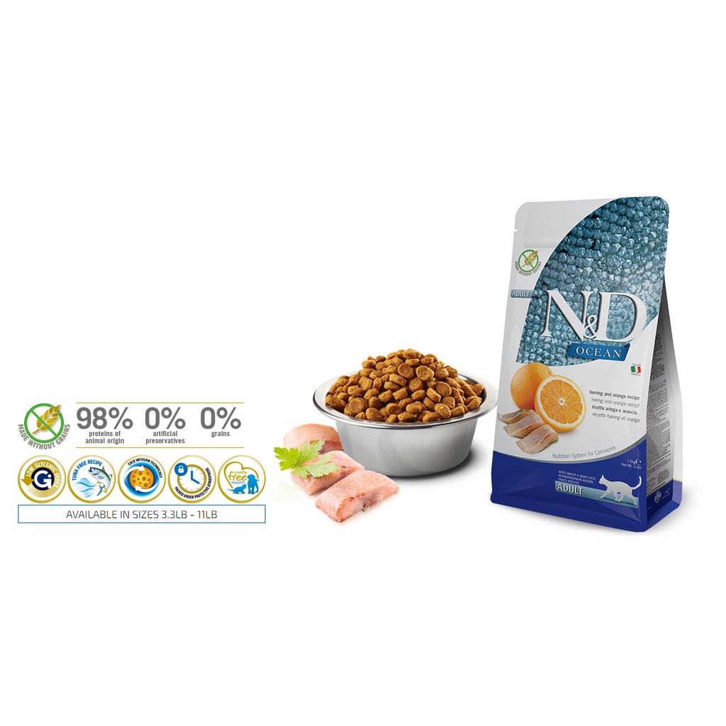 Túi 1.2Kg Hạt N&D Ocean Cho Mèo Trưởng Thành vị Cá trích & Cam