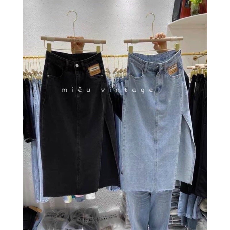 Chân váy bò denim xẻ vạt tua gấu siêu hot #912