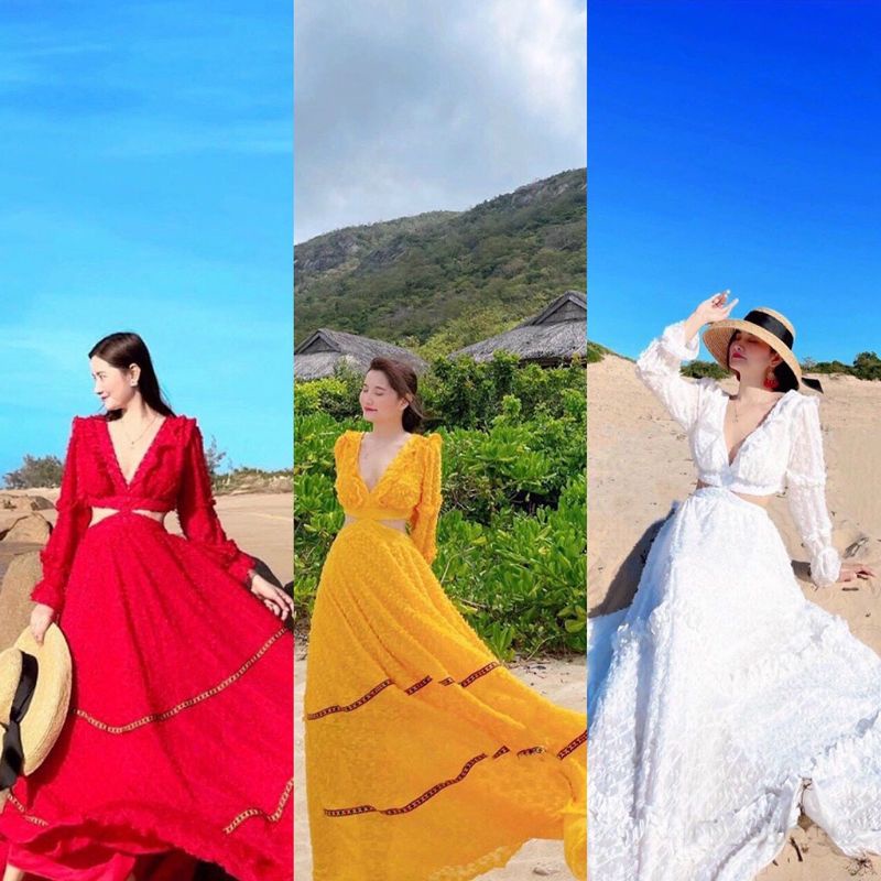 Đầm maxi dài tay khoét eo đi biển du lịch cá tính chụp hình dễ thương xinh đẹp(hình thật)