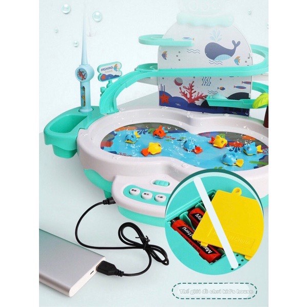 Đồ chơi câu cá tháp nam châm cho bé, có đường ray cá biết bay, pin sạc, Thegioidochoi1104