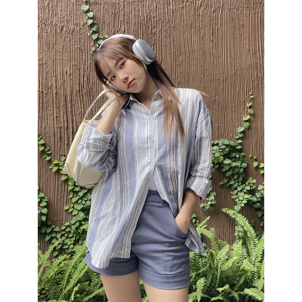 Áo sơ mi nữ linen freesize dài tay kẻ sọc pha độc đáo dáng rộng thời trang - Unleashedvn SUNDEI Linen Shirt