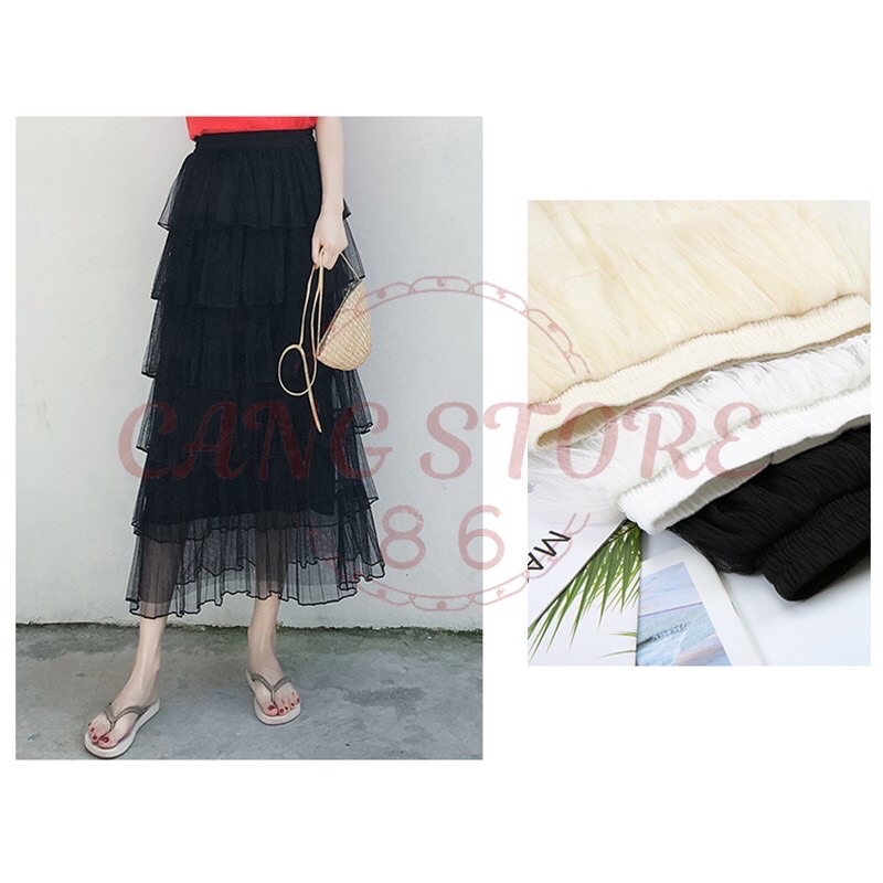 Chân váy xếp tầng 2 lớp - Chân váy dài midi bánh bèo lưng cao nhiều màu (Hàng Quảng Châu)
