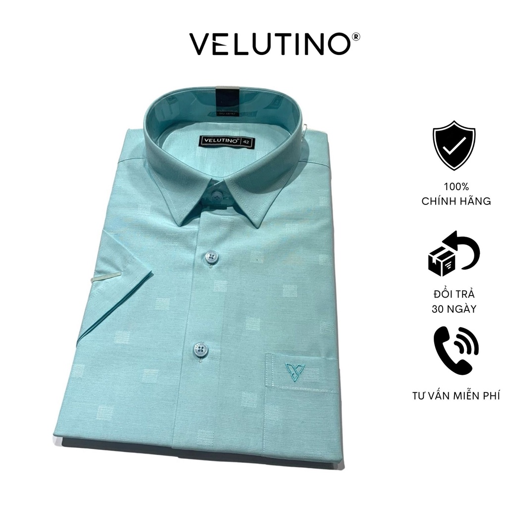 Áo sơ mi nam Velutino ngắn tay cổ bẻ có túi xanh họa tiết chấm vuông công sở cao cấp