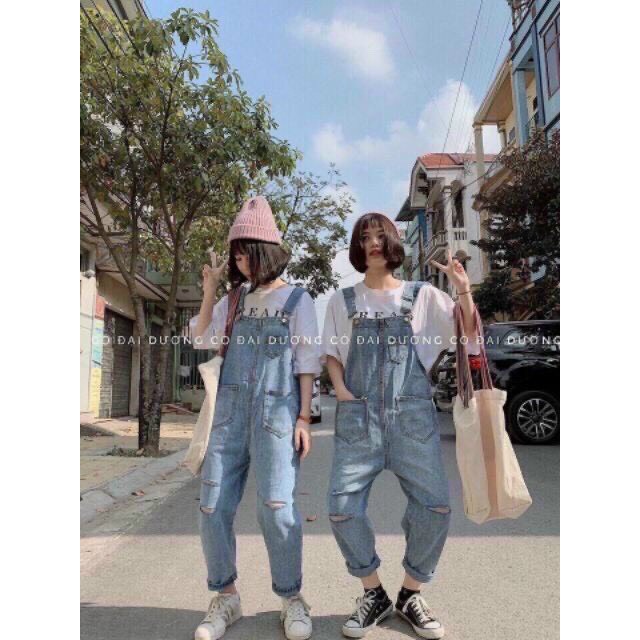 Quần yếm jean dài rách gối kiểu quần yếm ống suông đứng thời trang teen KKShopFashion