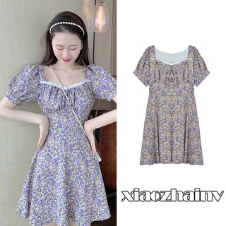 Xiaozhainv Đầm Ren Cổ Vuông Phong Cách Retro