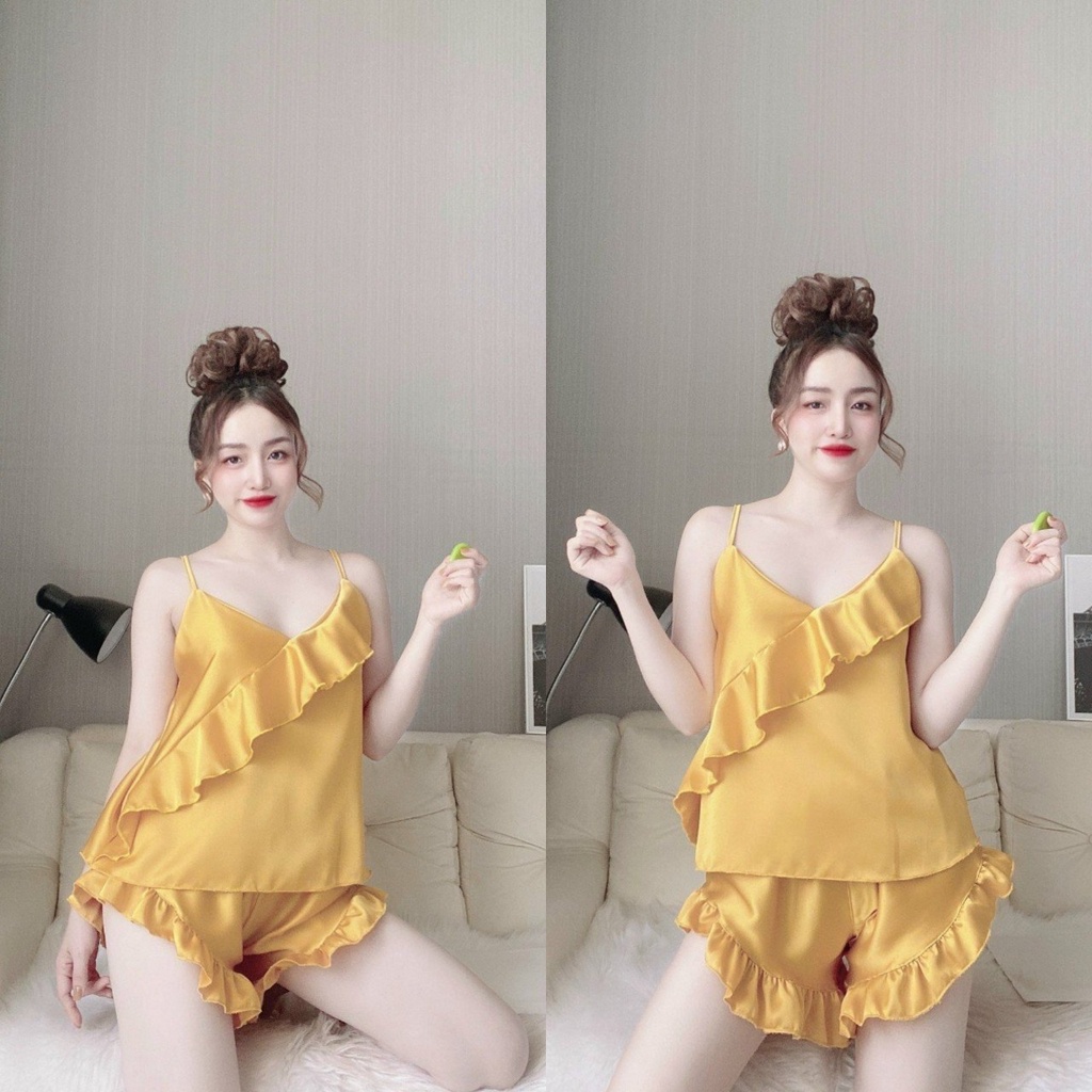 Bộ đồ ngủ hai dây sexy co giãn dễ thương, Bộ ngủ 2 dây mát lạnh satin loại 1 mềm mịn Freesize dưới 60kg