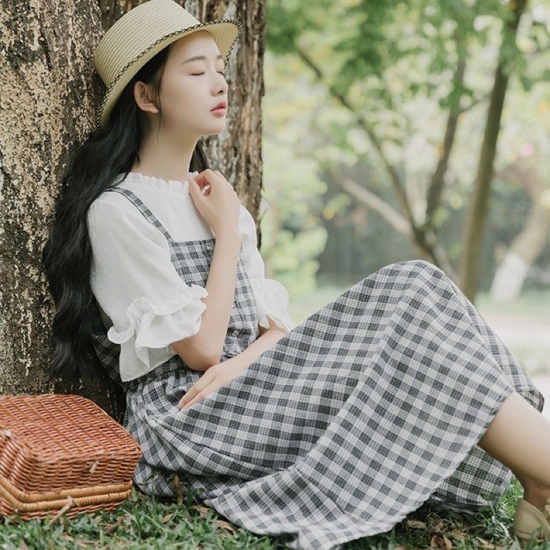 Váy Yếm Kẻ Caro Ulzzang Thắt Nơ Eo Hot Hít