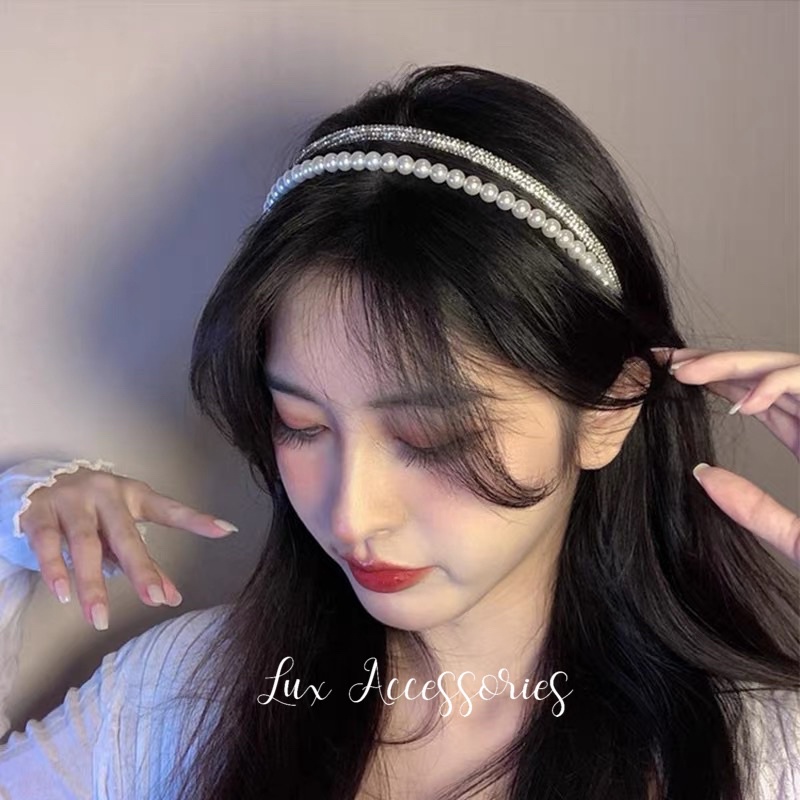 Băng đô đôi cài tóc đính đá phối ngọc phong cách Hàn Quốc sang trọng BĐ04 Lux Accessories