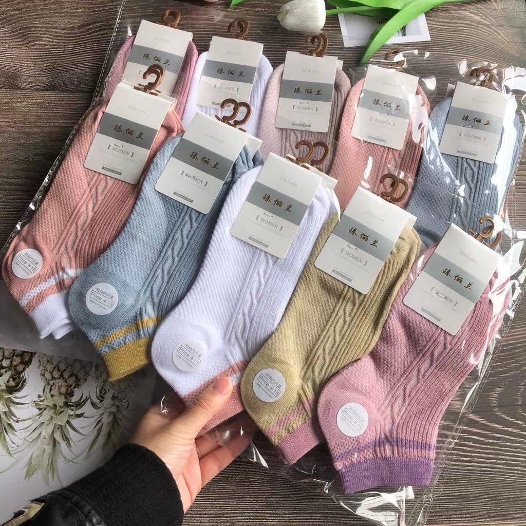 Set 5 Đôi Tất Cotton Mỏng Màu Sắc Xinh Xắn Cho Nữ