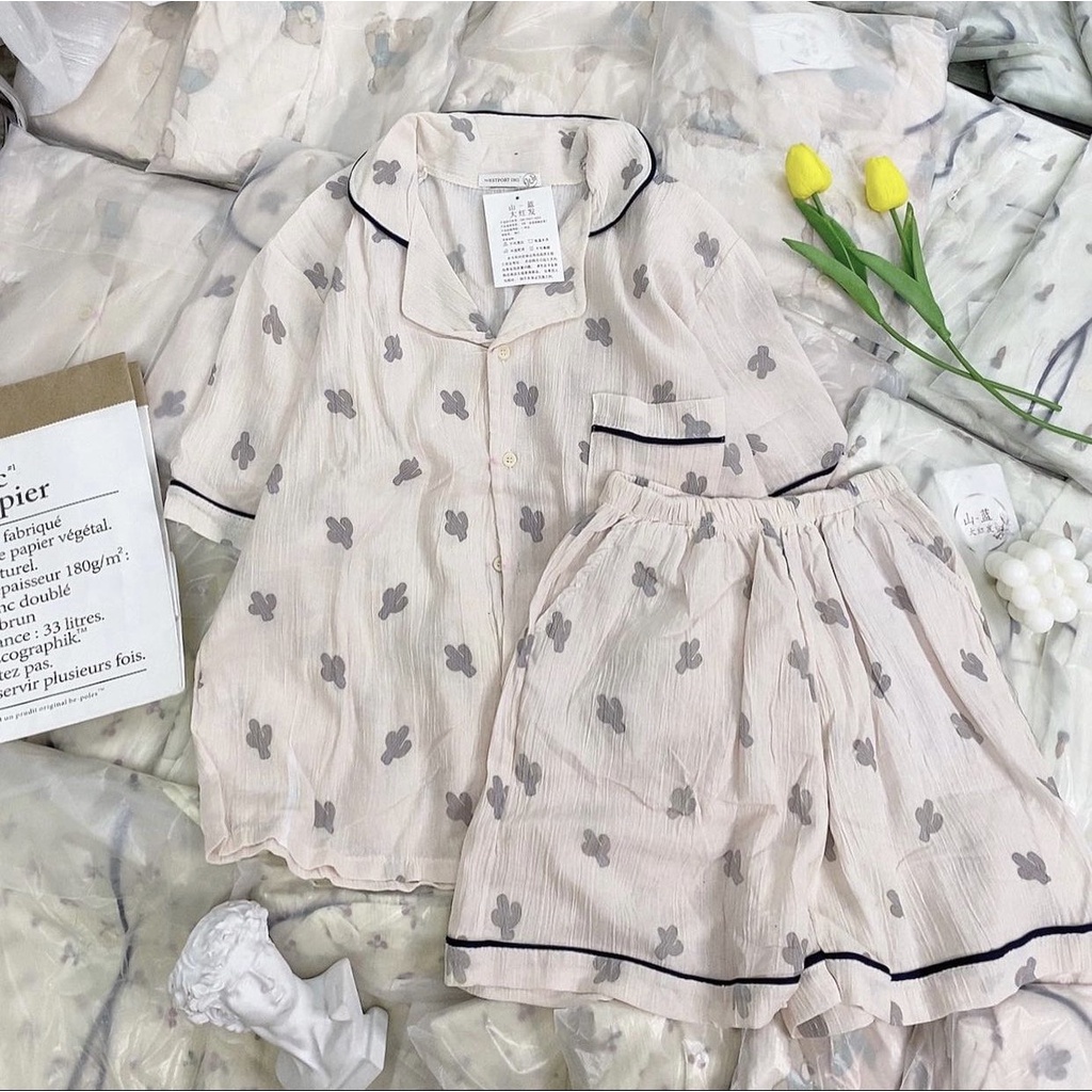 Bộ Đồ Ngủ Nữ Bộ Đồ Ngủ Pyjama Chất Liệu Đũi Xốp Hoạt Hình Ngắn Tay Quần Đùi Short [Ảnh Thật]