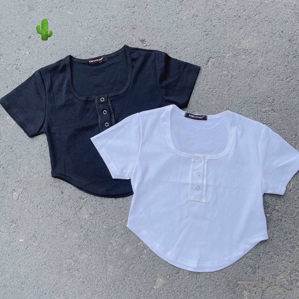 Áo kiểu croptop cổ vuông cài nút vạt bầu trơn cực xinh , chất thun bozip mềm mịn