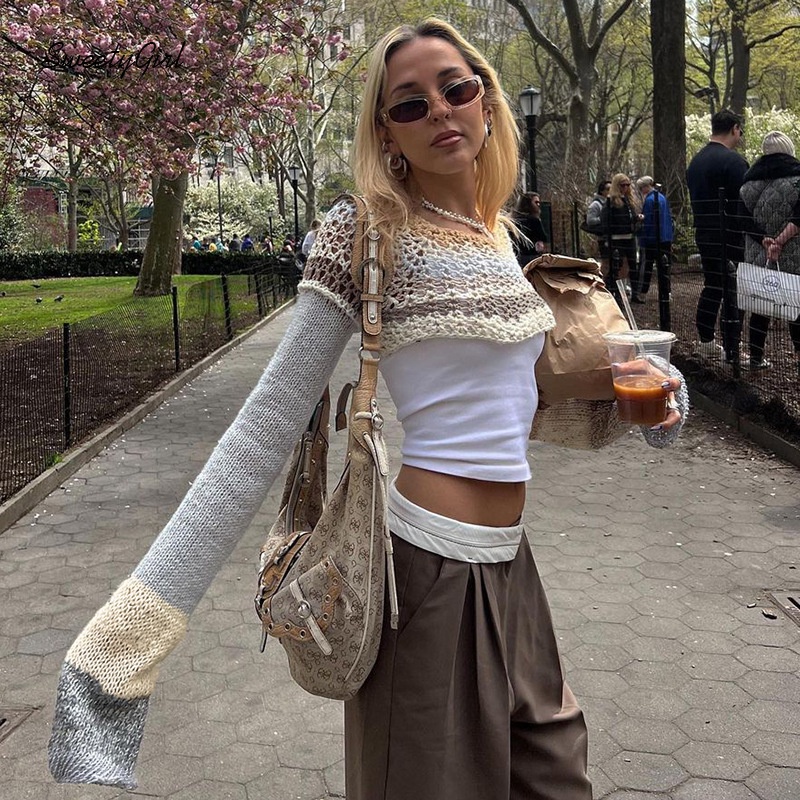 Áo Len Tay Dài Họa Tiết Kẻ Sọc Màu Sắc Tương Phản Phong Cách Vintage Cho Nữ