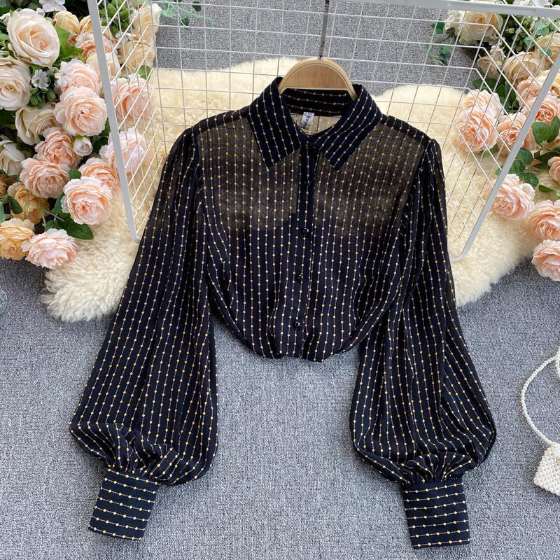 Áo Sơ Mi Chiffon Tay Dài Phồng Dáng Rộng Họa Tiết Chấm Bi Kiểu Retro Pháp Dễ Phối Đồ Cho Nữ