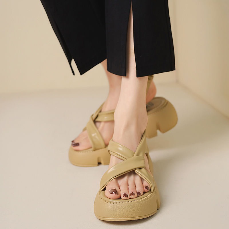 Giày sandal nữ ulzzang, sandal nữ quai chéo da pu đế bánh mì màu đen và trắng thời trang nữ