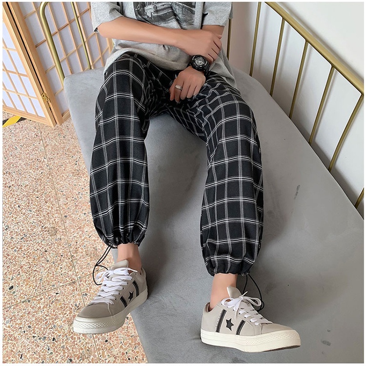 Quần Dài Dây Rút Kẻ Sọc Caro Dáng Rộng Thời Trang Mùa Hè Phong Cách Nhật Bản Cho Nam Size M-3Xl