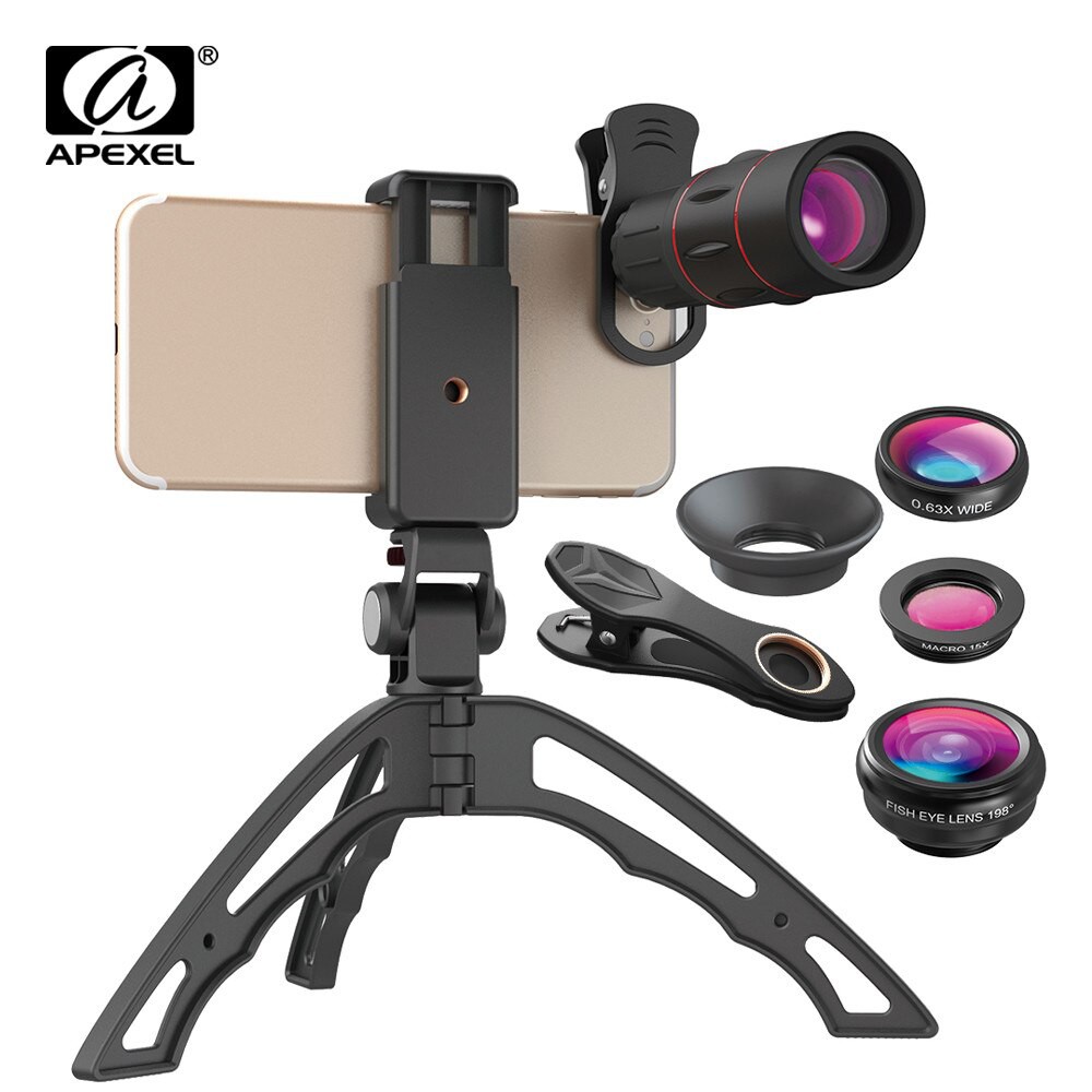 Bộ lens, ống kính đa năng cho điện thoại Apexel 4in1 tele 18x, macro, mắt cá, góc rộng - Tặng kèm giá đỡ