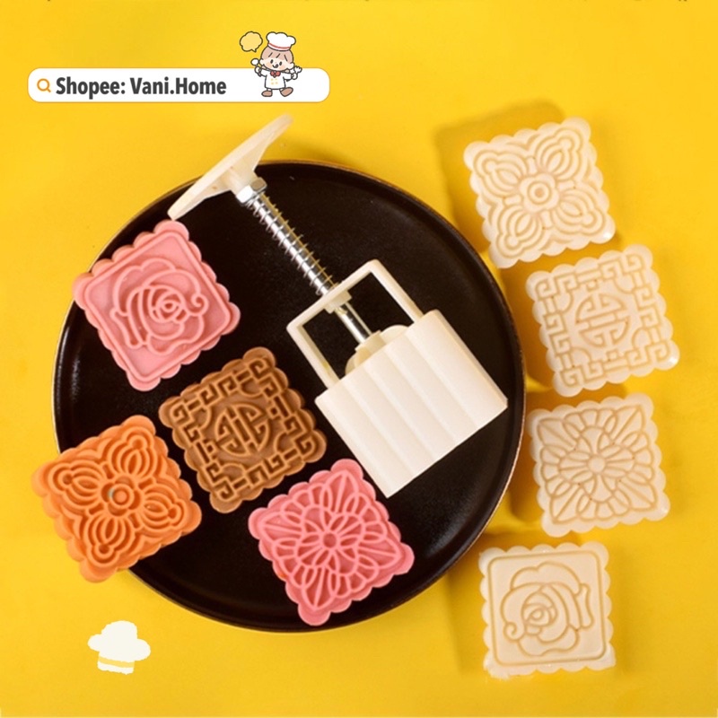 Khuôn nhựa làm bánh trung thu mẫu vuông 50g tặng kèm 4 mặt - Khuôn in làm bánh trung thu ép lò kèm 4 mặt ép