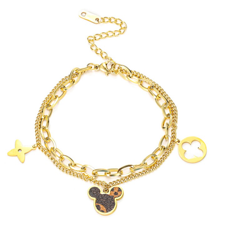 Lắc tay titan cao cấp 2 tầng hình chuột rớt hoa 4 cánh siêu đẹp, bền màu, hợp thời trang mang cá tính độc đáo