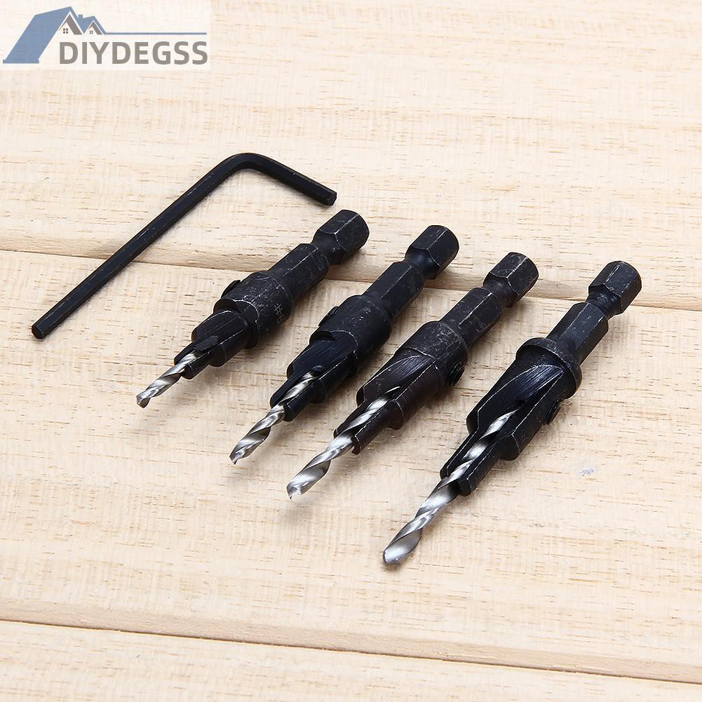 Diydegss2 4Pcs #6 #8 #10 #12 HSS Countersink Drill Bit Set Screw 1/4 Hex Shank Wood T