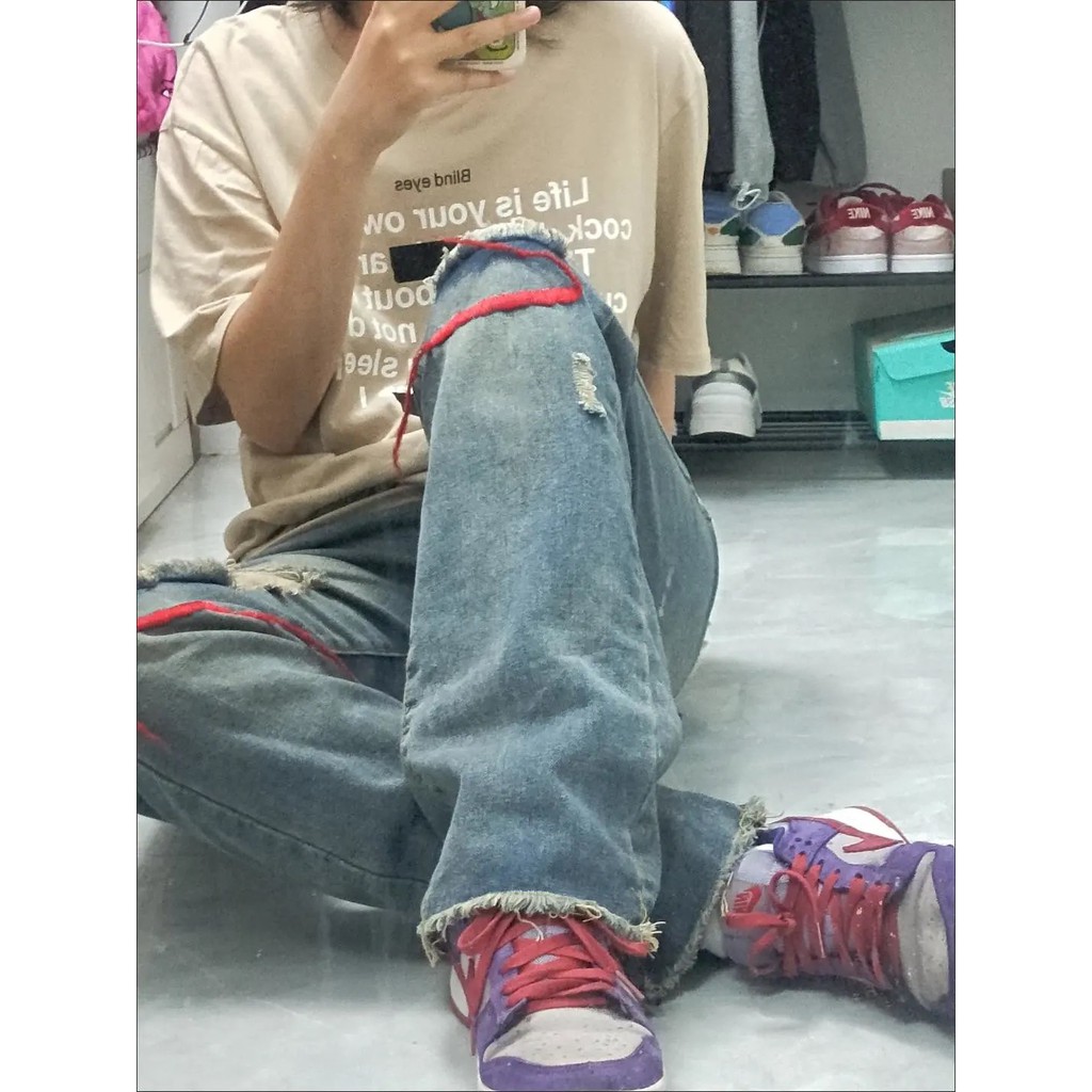 Quần jean ống rộng unisex rách phong cách đường phố | BigBuy360 - bigbuy360.vn