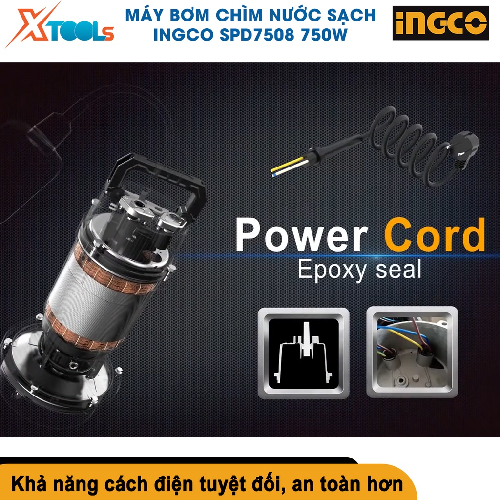 Máy bơm chìm nước sạch INGCO SPD7508, Máy bơm ngầm Điện áp 220-240V~50Hz Công suất 75W 1H.P đẩy cao 8M-CHÍNH HÃNG-XTOOLS