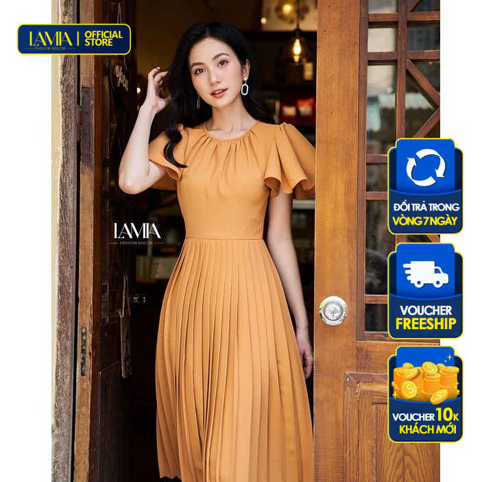Đầm nữ hè Lamia Design LD120 màu cam xếp ly dưới