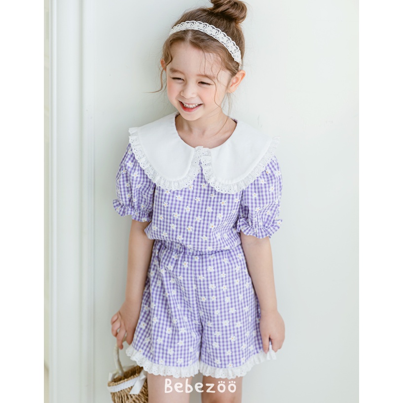 Bộ đồ bé gái Bebezoo cộc tay cao cấp _ Caro hoa tím