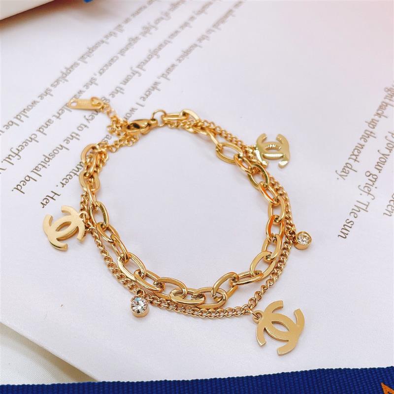 Vòng tay thép không gỉ hai lớp phối chuỗi dây phong cách Hàn Quốc cổ điển thời trang cho nữ