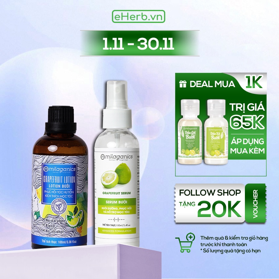 Combo Serum & Lotion Bưởi Kích Thích Mọc Tóc, Ngăn Ngừa Rụng Tóc MILAGANICS (100ml/ Chai)