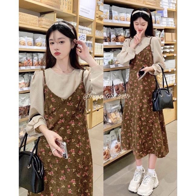 Set yếm váy hoa 2s nhung tăm + áo xốp nude tay dài bồng