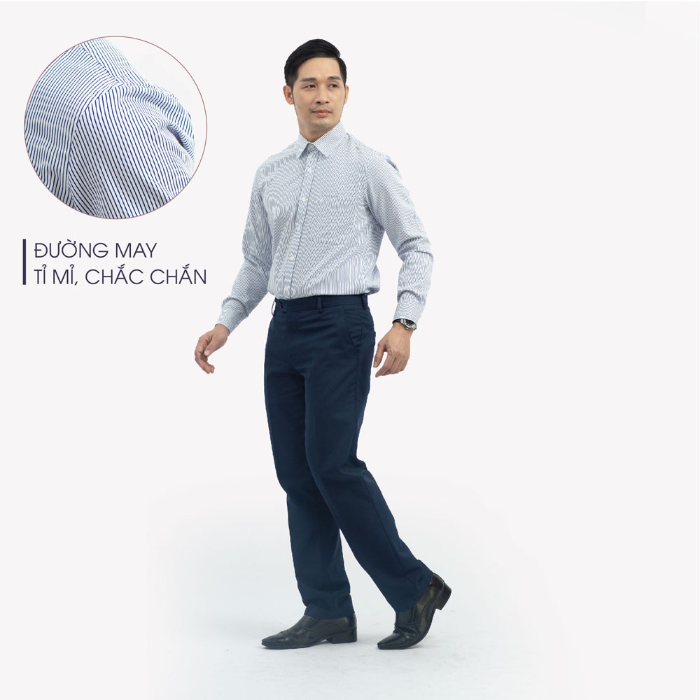 Áo Sơ Mi Nam Dài Tay Trung Niên ANCHI Hoạ Tiết Trắng Sọc Xanh Vải Sợi Tre Cao Cấp