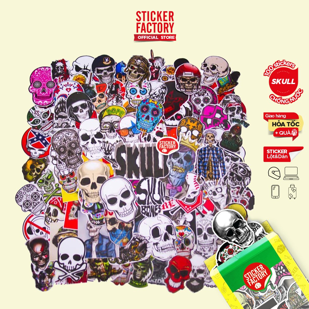 Skull - hộp set 100 sticker decal hình dán nón bảo hiểm , laptop, xe máy, ô tô - STICKER FACTORY