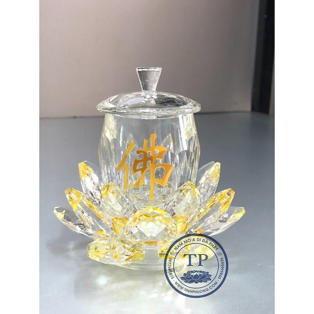 LY NƯỚC THỜ PHA LÊ ĐẾ SEN VÀNG CHỮ PHẬT HAN693- Đồ thờ Tịnh Phương