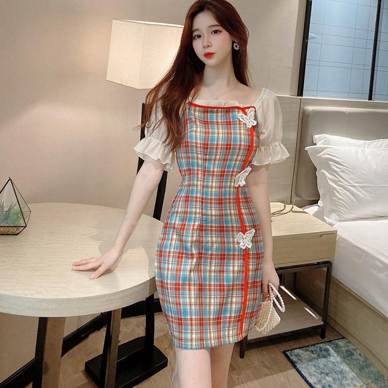 Đầm Tay Ngắn Cổ Vuông Họa Tiết Hình Bướm Phong Cách Retro Pháp Nữ Tính