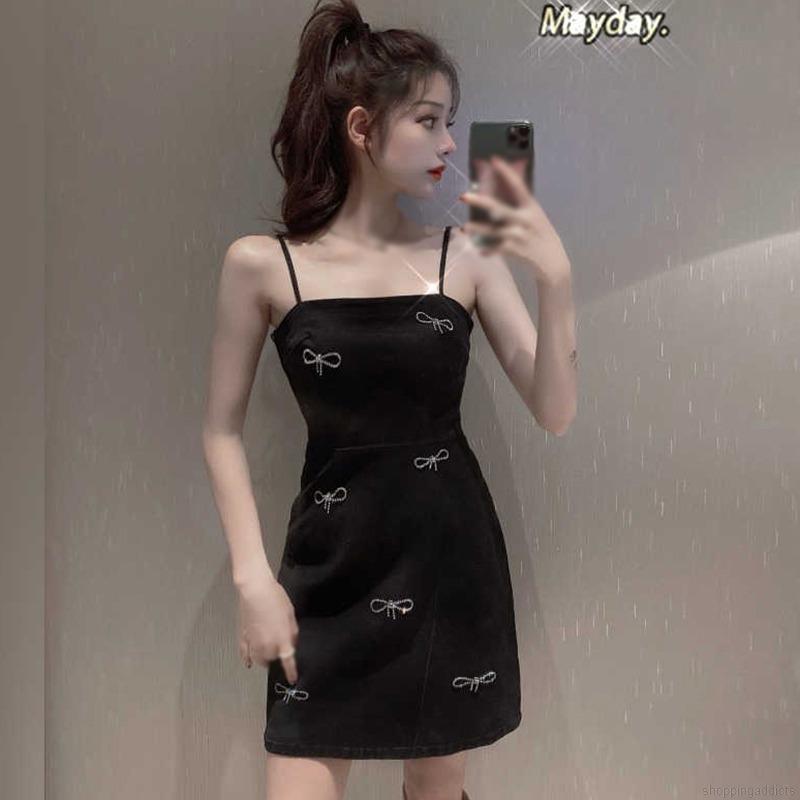 Women's summer slim fashion simple bow beach holiday suspender dress