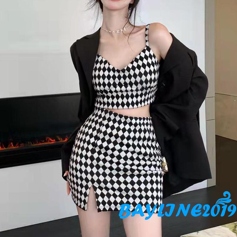 Set Áo Tank Top Và Chân Váy Caro Xẻ Tà Thời Trang Cho Nữ