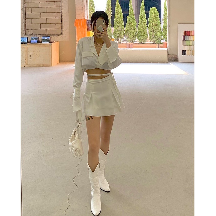 Set chân váy cột dây &amp; áo sơ mi croptop tay dài HS128 Hỉn Hỉn Store