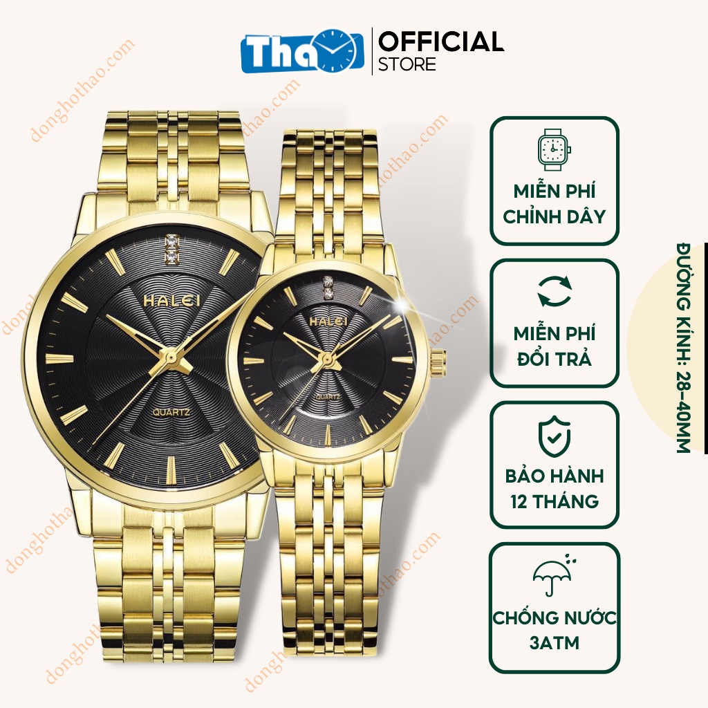 Đồng Hồ Đôi Cặp Nam Nữ Kim Loại Chính Hãng Chống Nước Đơn Giản Mặt Đen Nổi Bật Đồng Hồ Thảo HH32VD Halei 552