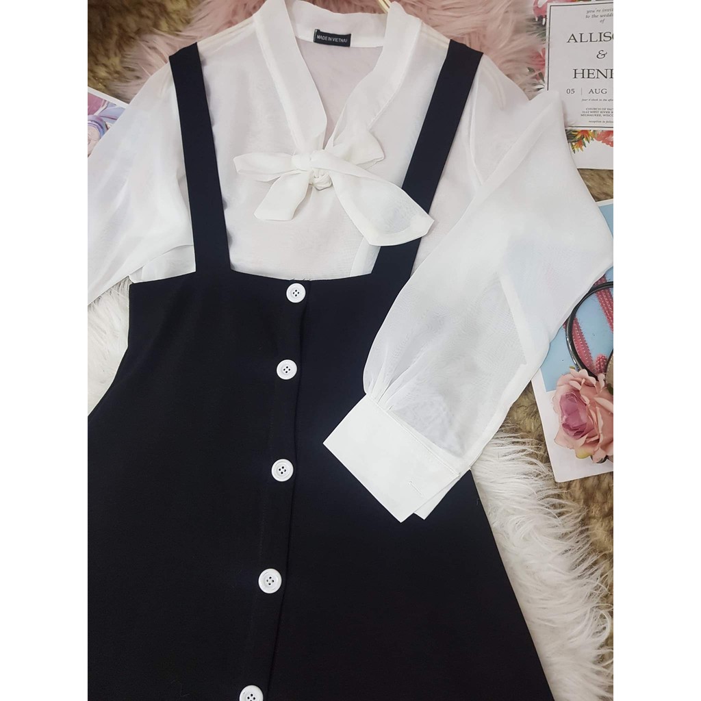 Sét đầm yếm kết hợp áo voan tay dài cổ cột nơ siêu xinh - MM.B557