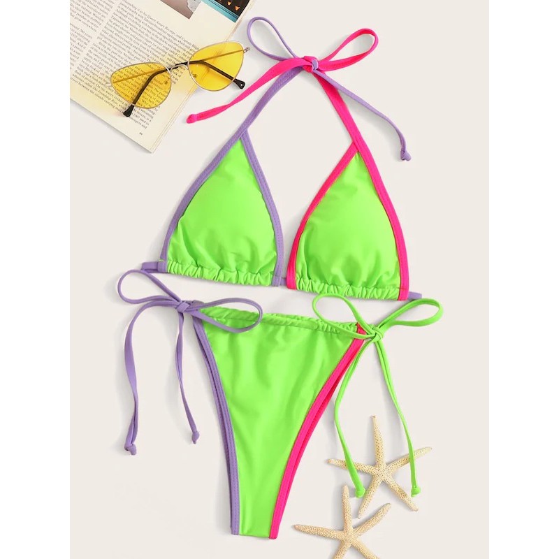 [BKN673] &lt;ÂU&gt; SET BIKINI VIỀN MÀU XANH NEON/ĐEN QUẦN THONG/LỌT KHE