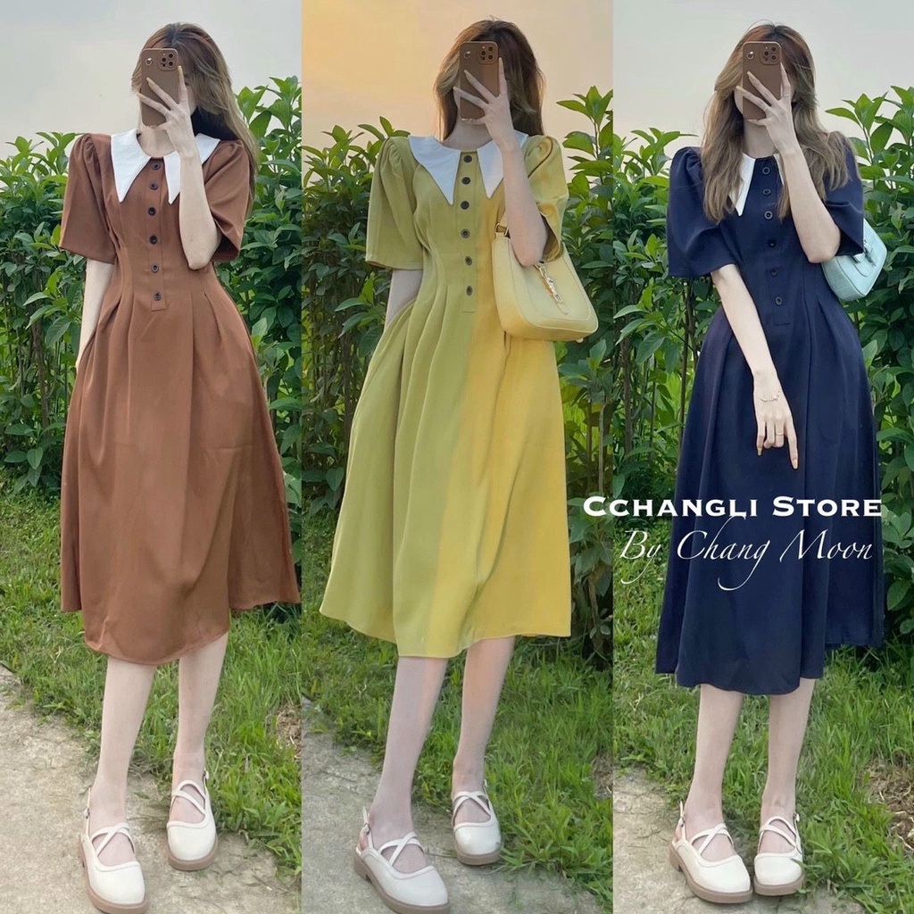 Đầm Tiểu Thư Bèo Nhọn Trắng Phối Nút Giữa Dễ Thương Phong Cách Retro Dịu Dàng