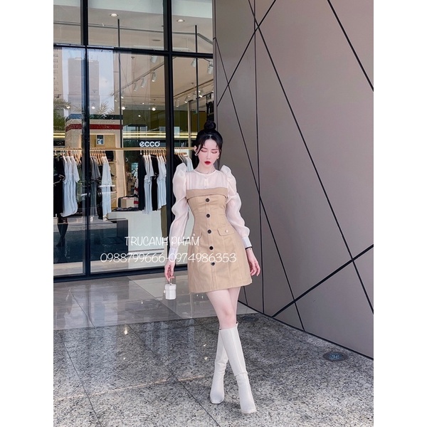 Váy kaki viền phối tay bồng