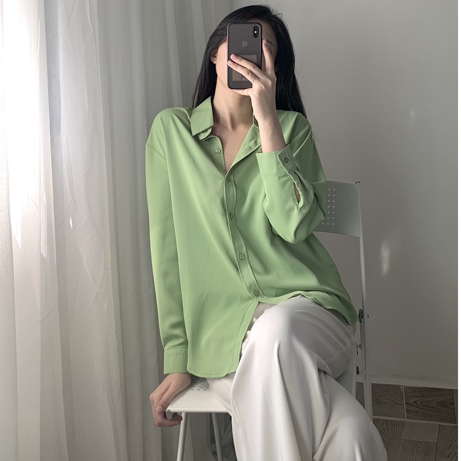 Áo sơ mi nữ dài tay form rộng công sở chất đẹp màu xanh bơ, xanh cốm kiểu Hàn Quốc AAS446