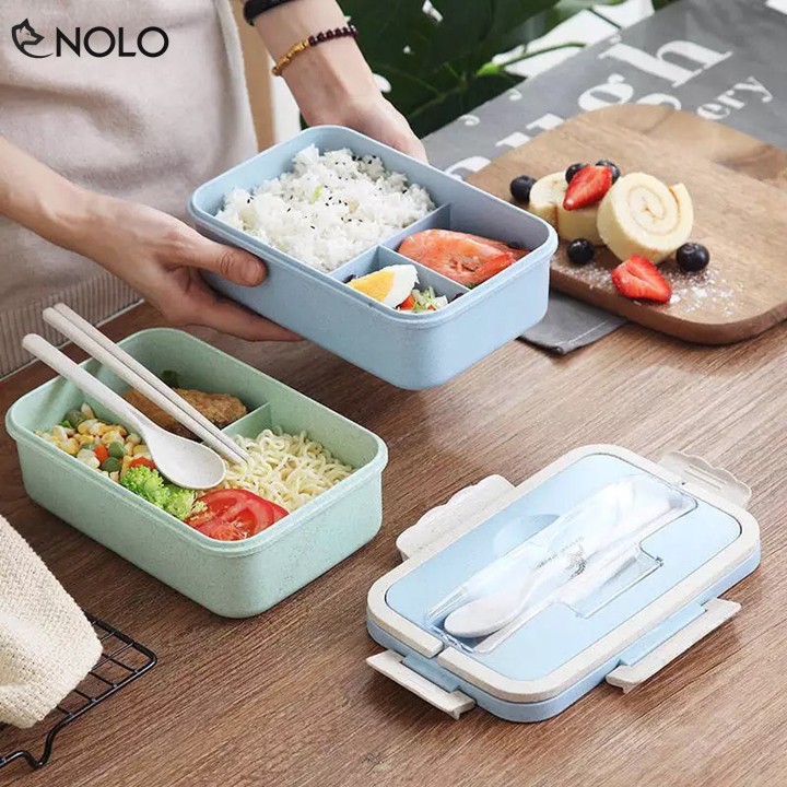 Hộp Cơm Giữ Nhiệt Bento Dung Tích 1000ml 3 Ngăn Kèm Đũa Muỗng Chất Liệu Nhựa PP Lúa Mạch Có Thể Cho Dùng Lò Sóng