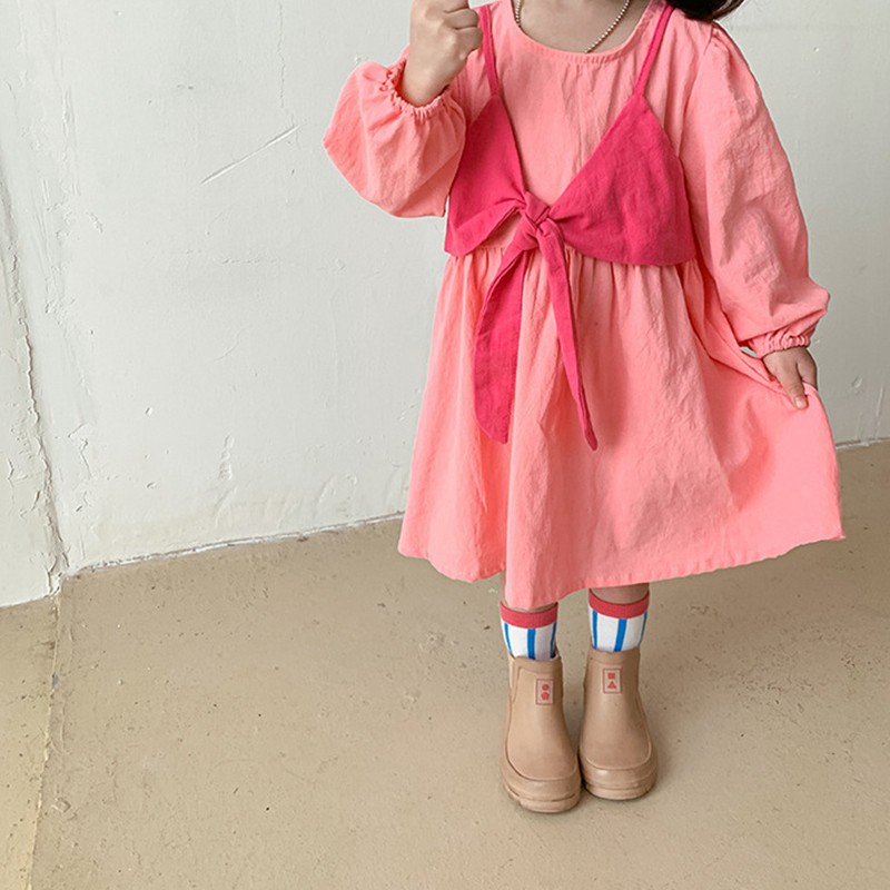 Đầm Công Chúa Tay Dài Giả Hai Lớp Bằng Cotton Và Vải Lanh Màu Sắc Tương Phản Phong Cách Hàn Quốc Dành Cho Bé Gái