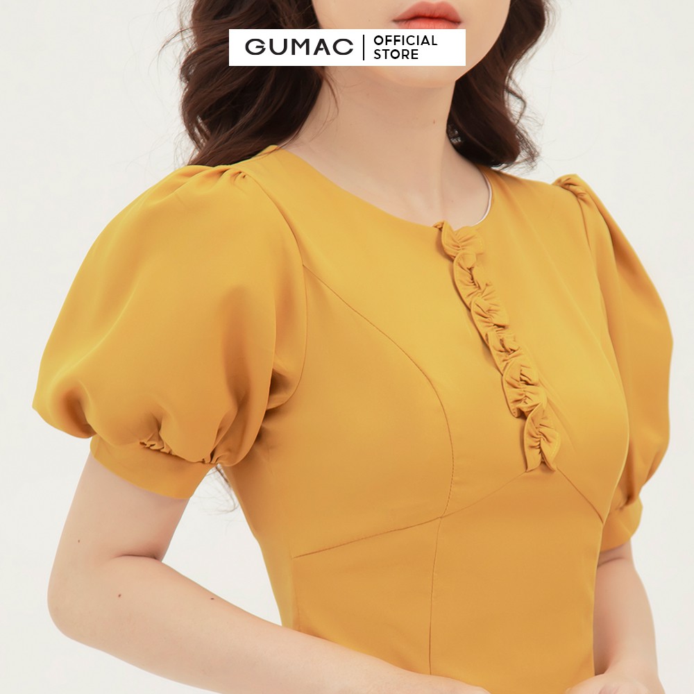 Đầm nữ phối họa tiết tay GUMAC ôm body, thiết kế màu vàng đủ size DB346 | BigBuy360 - bigbuy360.vn