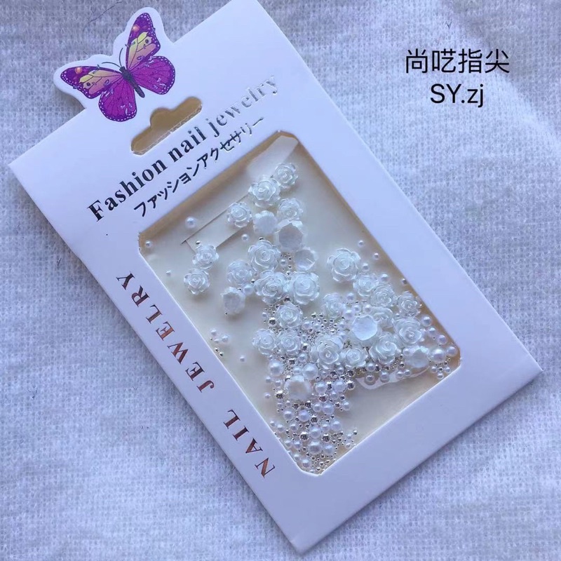 Túi charm hoa hồng trắng mẫu mới, phụ kiện nail đẹp