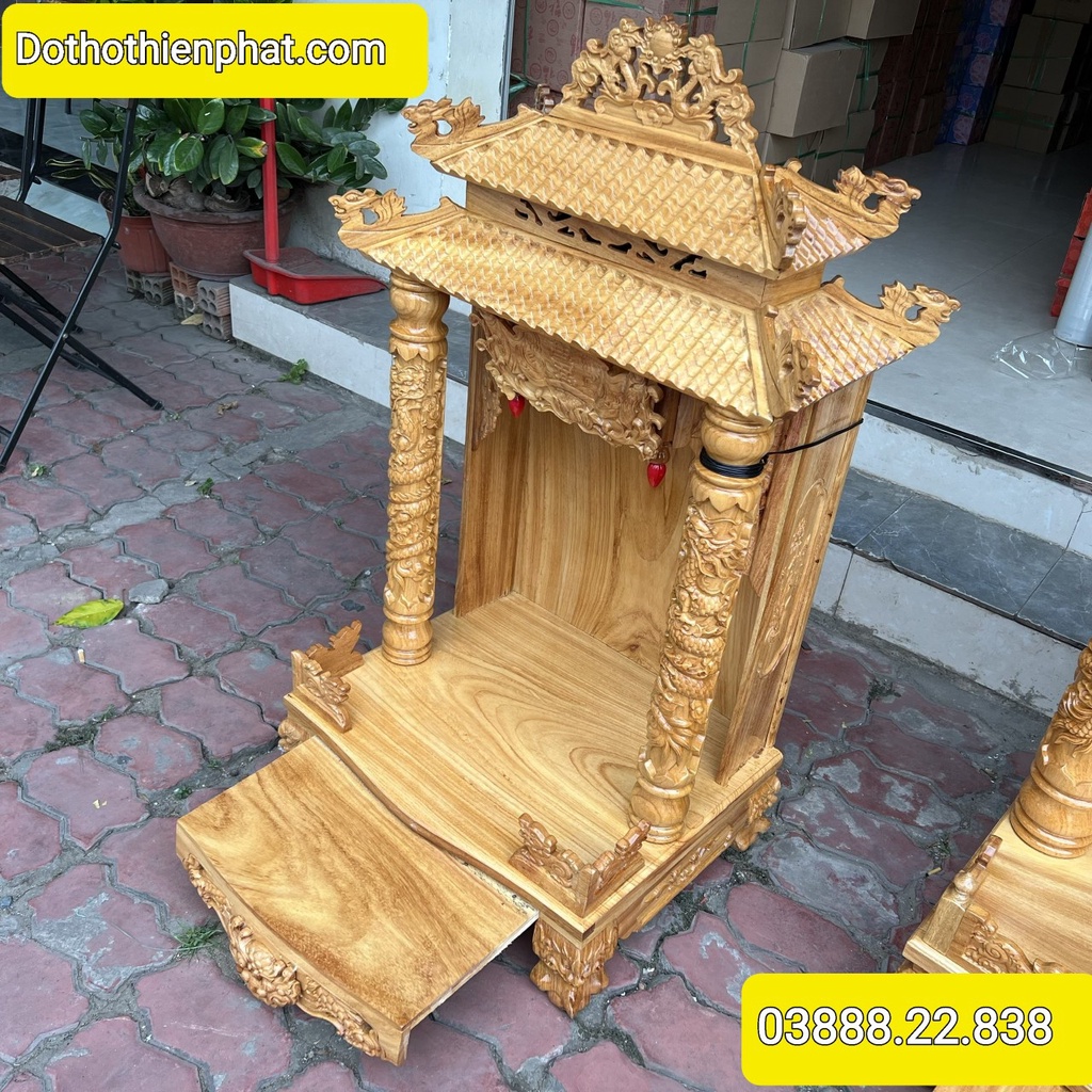 Bàn thờ thần tài ông địa gỗ gõ đỏ ngang 60cm mái chùa