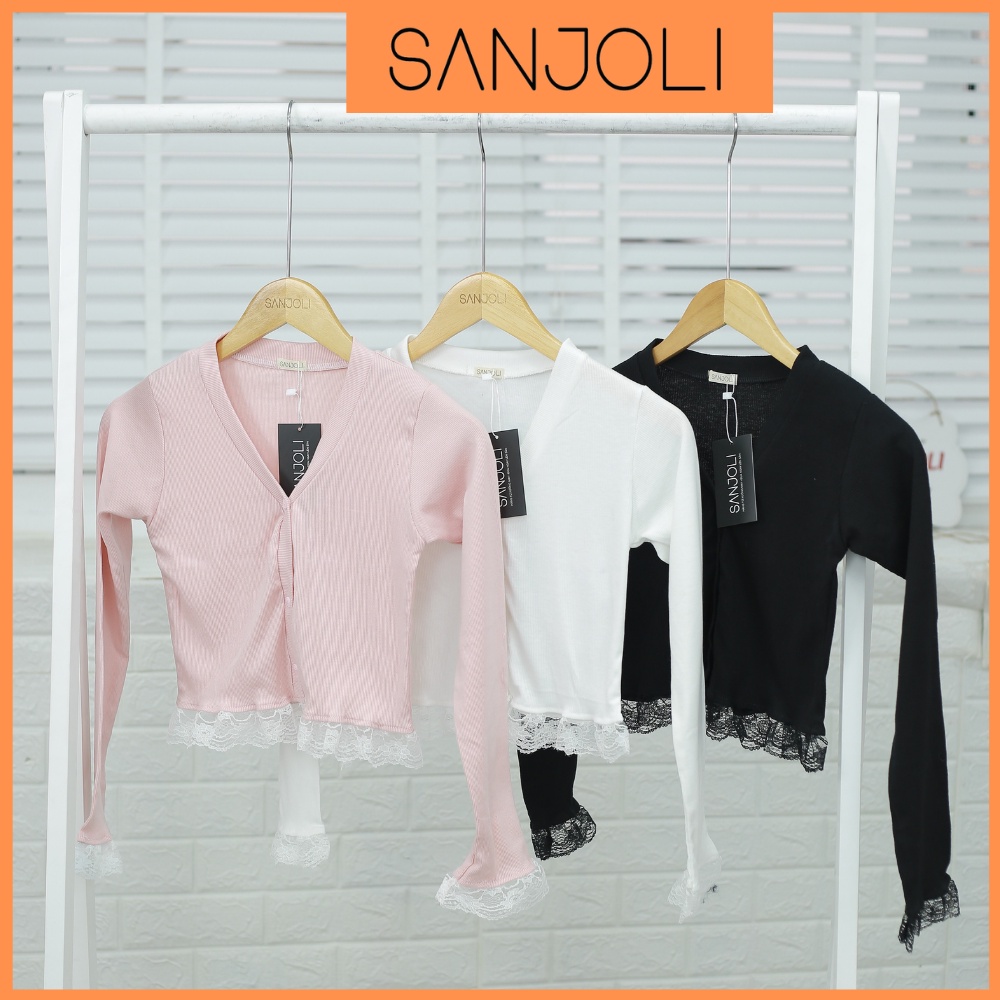 Áo Croptop Tay Dài SANJOLI Áo Cardigan Nữ Kiểu Ôm Body Sexy Bánh Bèo Thiết kế Hở Ngực Phối Ren Trắng Đen AO031